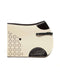 Cream wool felt horse saddle pad featuring black leather trim, cut-out pattern, and ergonomic shape.