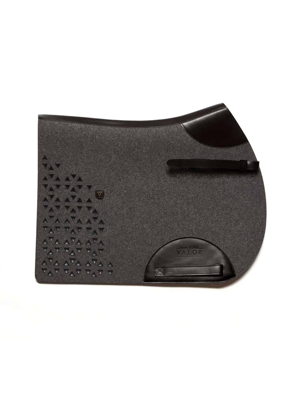 Premium charcoal felt saddle pad with black leather reinforcement, geometric cut-outs, and strap closure.
