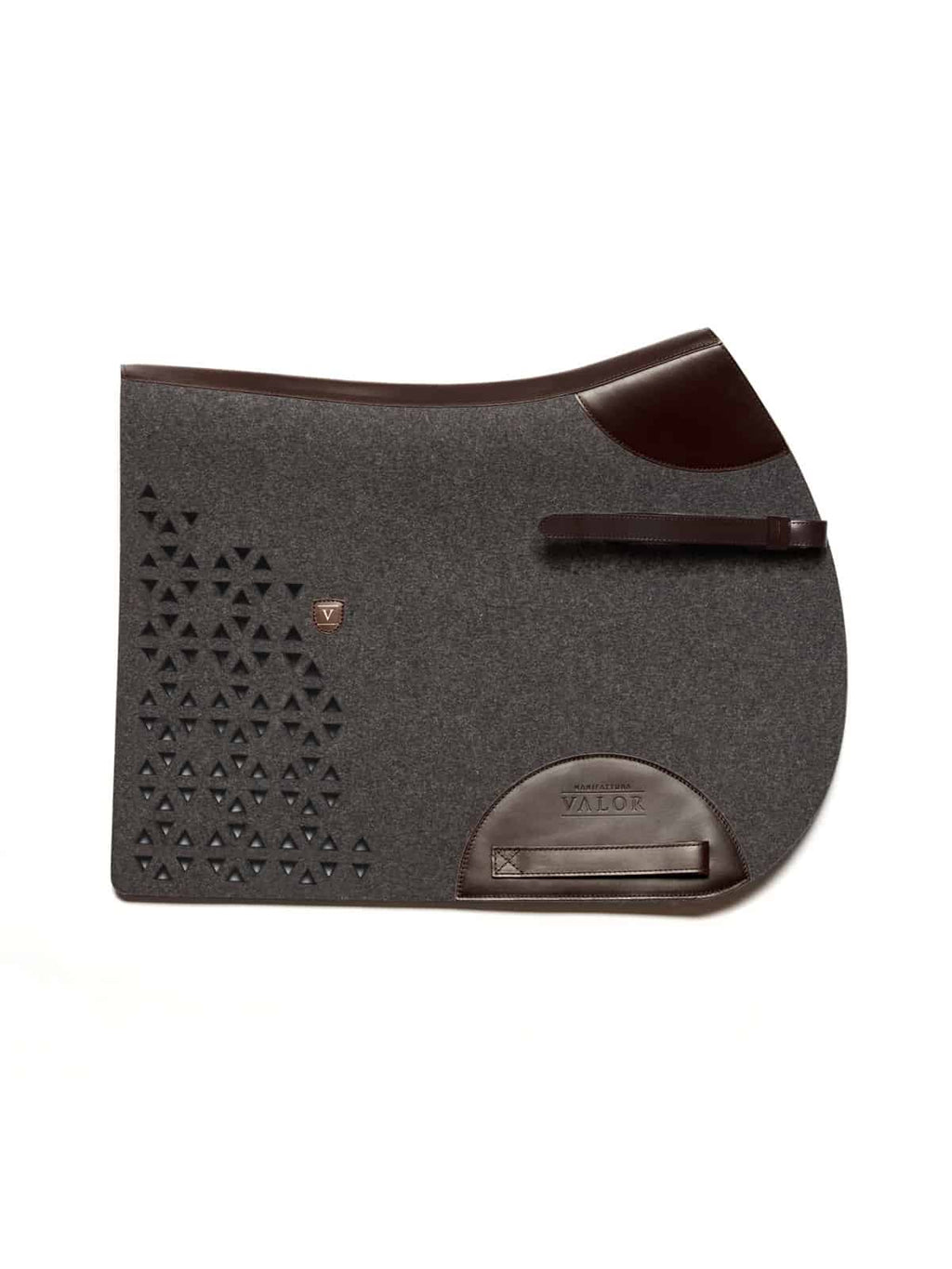 Charcoal grey felt horse saddle pad with dark brown leather panels and geometric cut-out design.