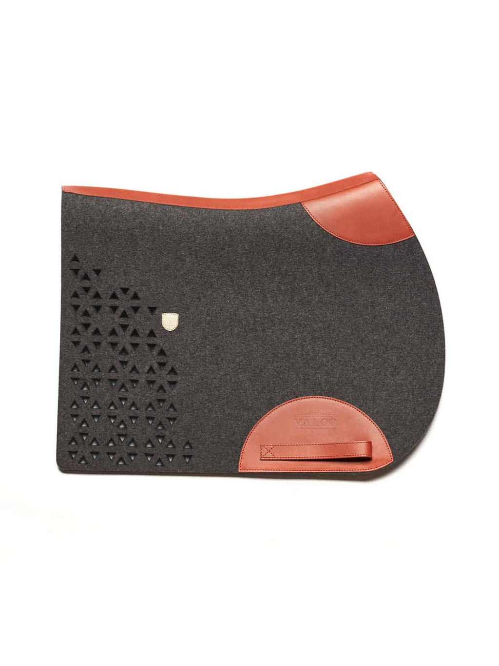 A side-view image of a dark grey felt horse saddle pad with bright tan leather wear leathers and trim, featuring a decorative laser-cut triangle pattern on the back, isolated on a white background.