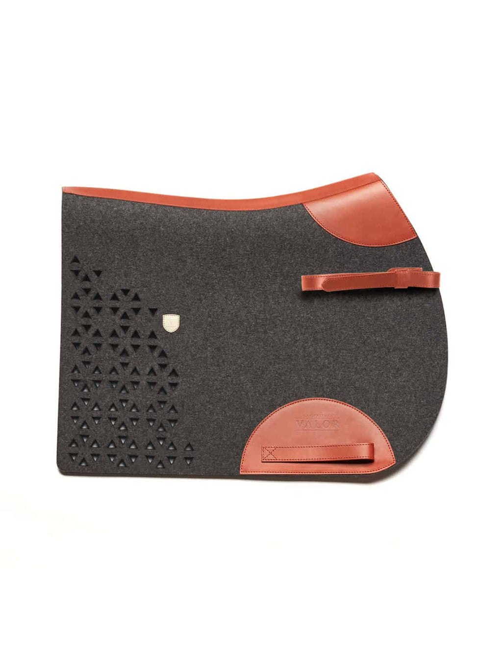A side-view image of a dark grey felt horse saddle pad with bright tan leather wear leathers and trim, featuring a decorative laser-cut triangle pattern and a girth strap, isolated on a white background.