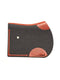 An equestrian wool felt saddle pad in charcoal grey featuring premium tan calf leather accents and a braided border.