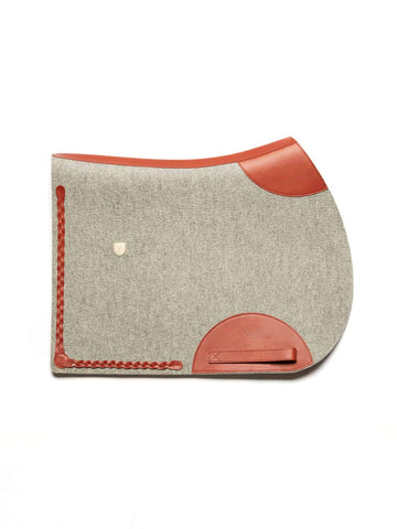 Grey wool saddle pad with tan leather trim, braided edge, VALOR embossed logo