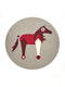 Decorative geometric horse design in red, brown, and cream on a round gray felt mat for equestrian decor.