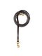 A dark brown stitched leather dog lead from Manifattura VALOR coiled neatly, featuring solid brass swivel snap hooks on both ends and multiple integrated hardware adjustment rings.