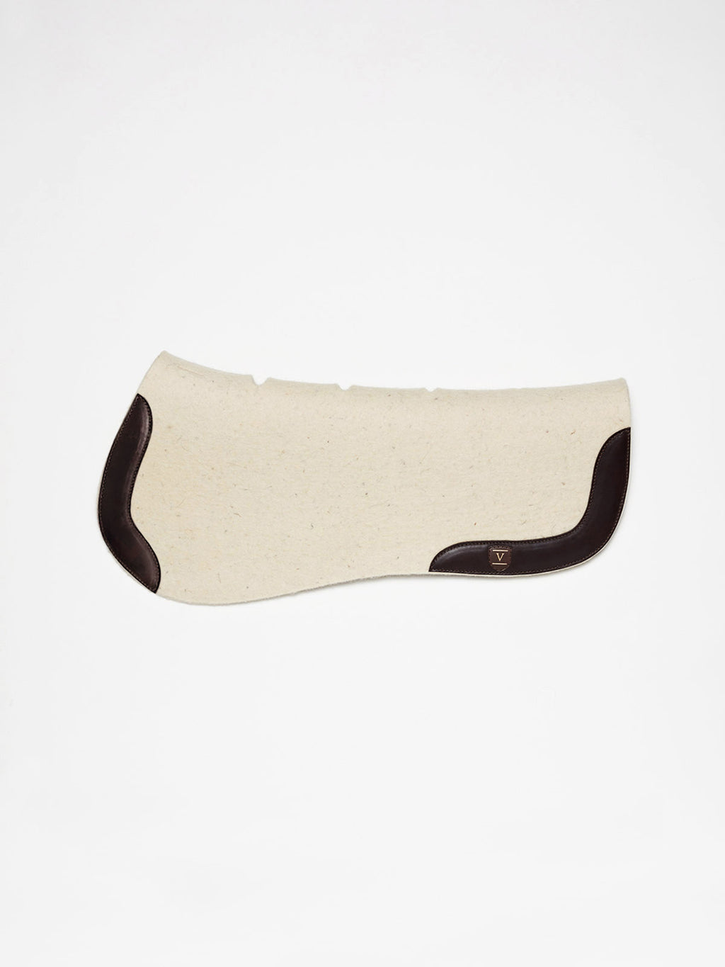 Cream felt horse saddle pad with dark brown leather wear leathers and a small V logo on white.
