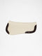 Cream felt horse saddle pad with dark brown leather wear leathers and a small V logo on white.