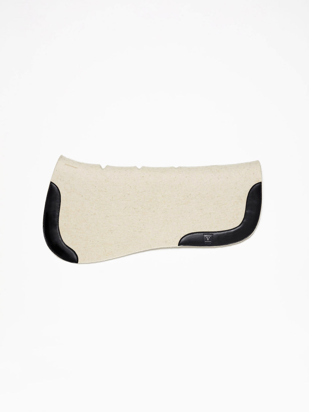 A side-view image of a cream-colored felt horse saddle pad with black leather wear leathers, featuring a small "V" logo, isolated on a white background.
