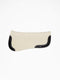 A side-view image of a cream-colored felt horse saddle pad with black leather wear leathers, featuring a small "V" logo, isolated on a white background.