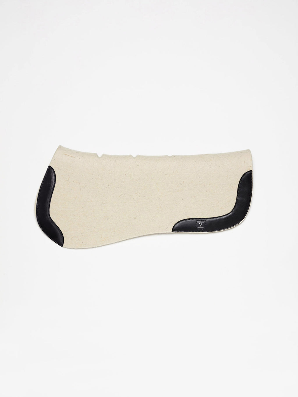 A cream-colored felt horse saddle pad with black leather wear leathers on the front and back, shown from a side profile against a white background.