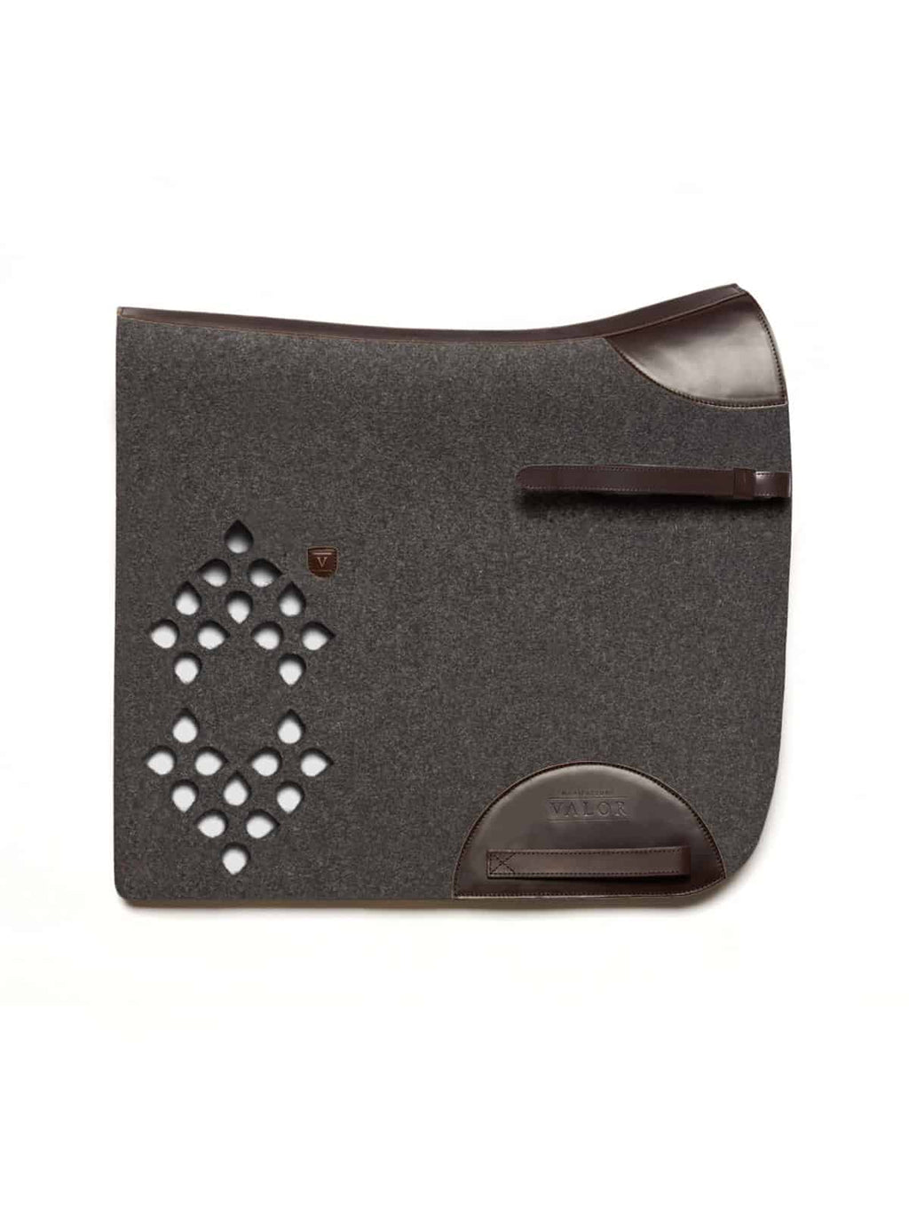 Grey wool felt saddle pad with brown leather corner pieces, an adjustable top strap, and diamond cut-outs. 
