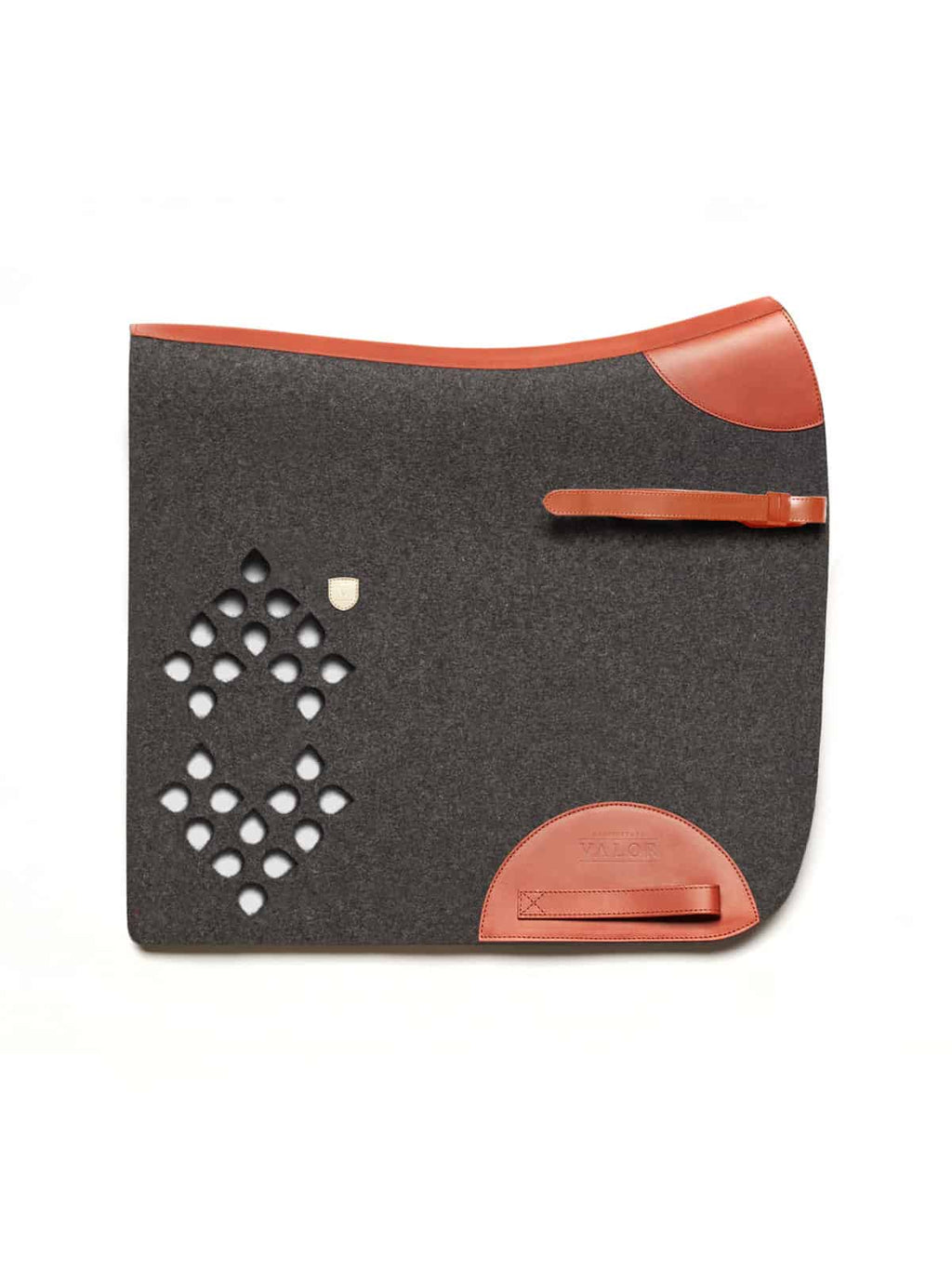 Anthracite WOLKENSTEIN saddle pad with cognac leather trim and fixing side straps for dressage