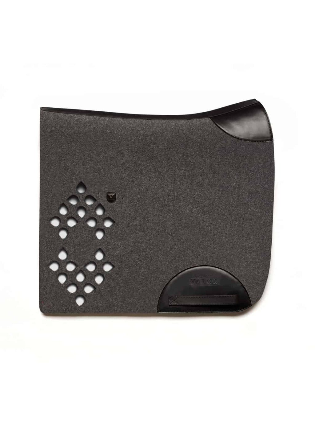 Cut-out look dark grey felt saddle pad with black calf leather trim patches and no fastening straps