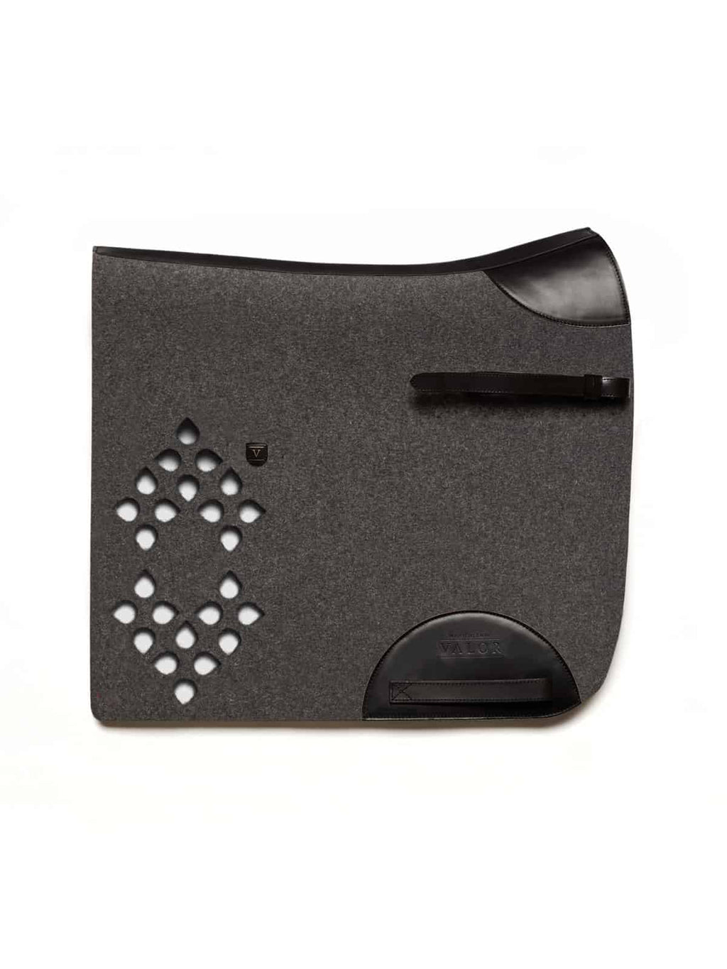 Wolkenstein grey felt pad with an adjustable black leather strap, wear strips, and breathable diamond cut-outs
