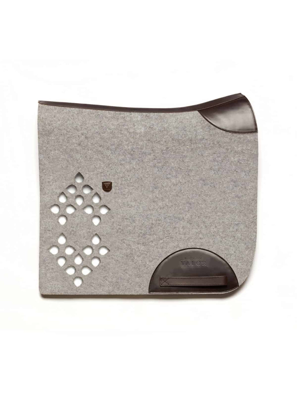 Premium light grey felt horse saddle pad with dark brown leather accents and a diamond-pattern cut-out