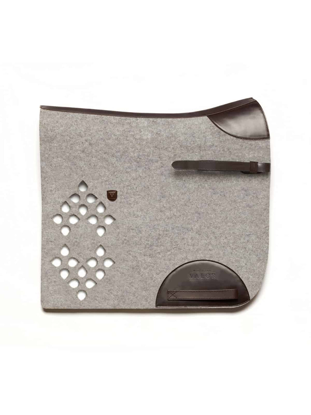 Sustainable light grey felt saddle pad with a brown leather billet strap, girth patch, and diamond cut-outs
