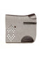 Sustainable light grey felt saddle pad with a brown leather billet strap, girth patch, and diamond cut-outs