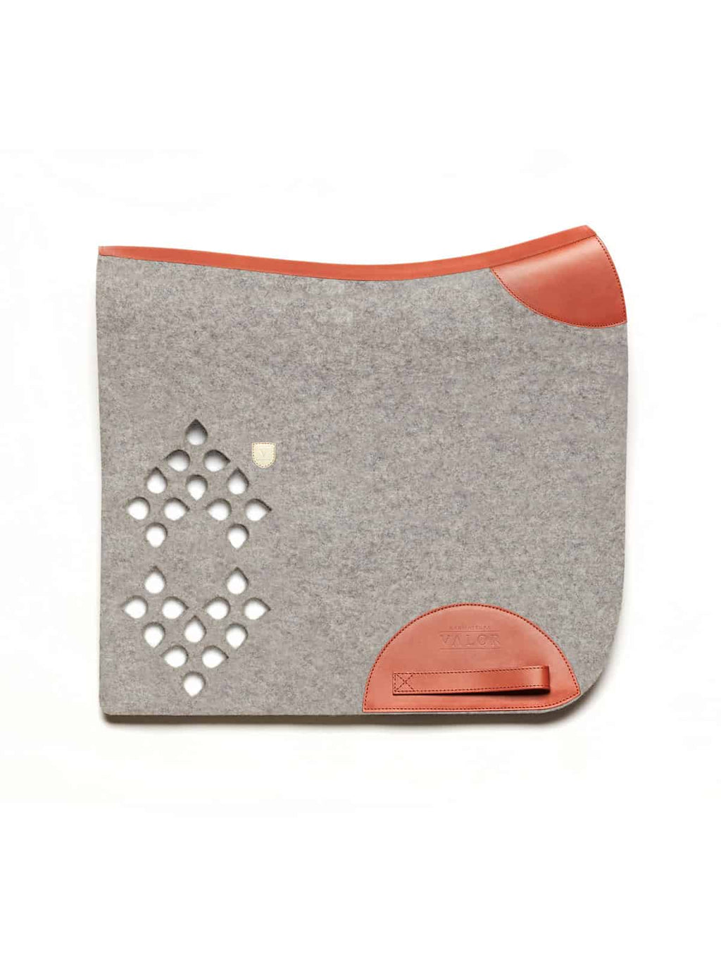 Light grey natural felt saddle pad featuring tan leather trim sections and a diamond cut-out pattern