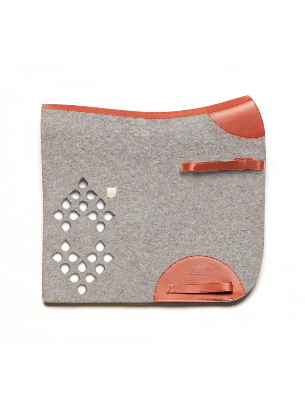 Premium light grey felt horse saddle pad with tan leather accents, a top strap, and a diamond cut-out