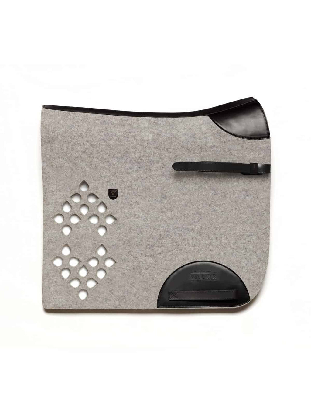 Sliver grey wool felt saddle pad with black leather corner pieces, an adjustable top strap, and diamond cut-outs.