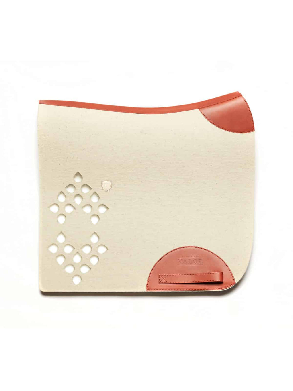 Elegant natural white dressage saddle pad with cognac leather by WOLKENSTEIN, no straps