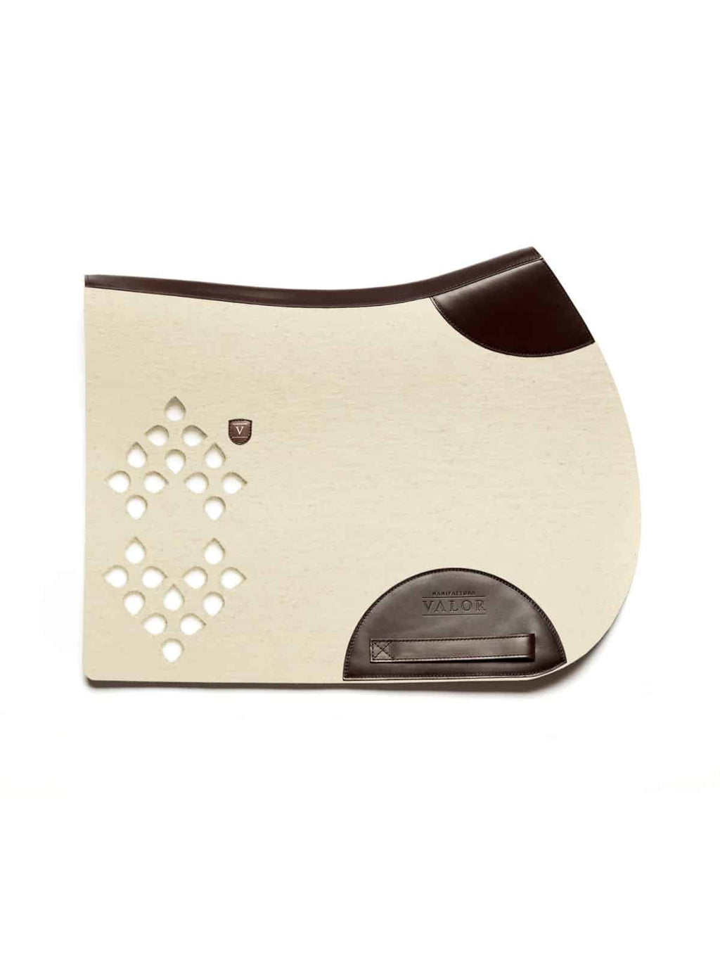 Natural white show jumping saddle pad WOLKENSTEIN with brown leather, no strap design